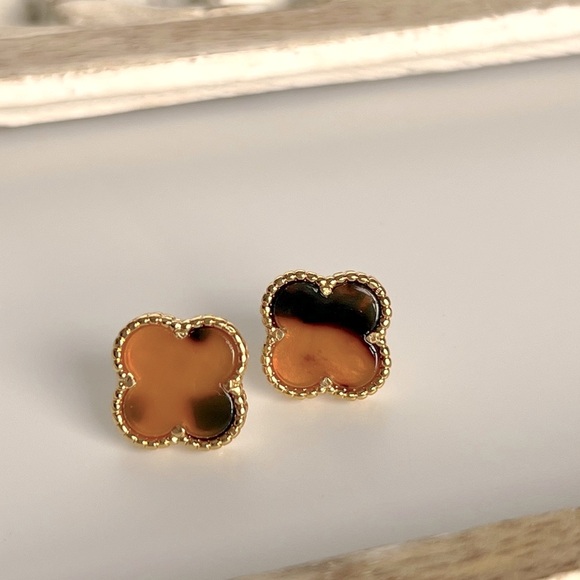 Clover Earrings Tiger Eye Onyx Stone Stud Earrings Luxury Jewelry - Picture 7 of 12